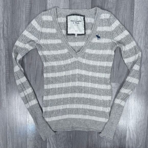 Y2k Abercombie and Finch Striped Cable Knit Sweater Gray White Bella Ellina - Picture 3 of 7
